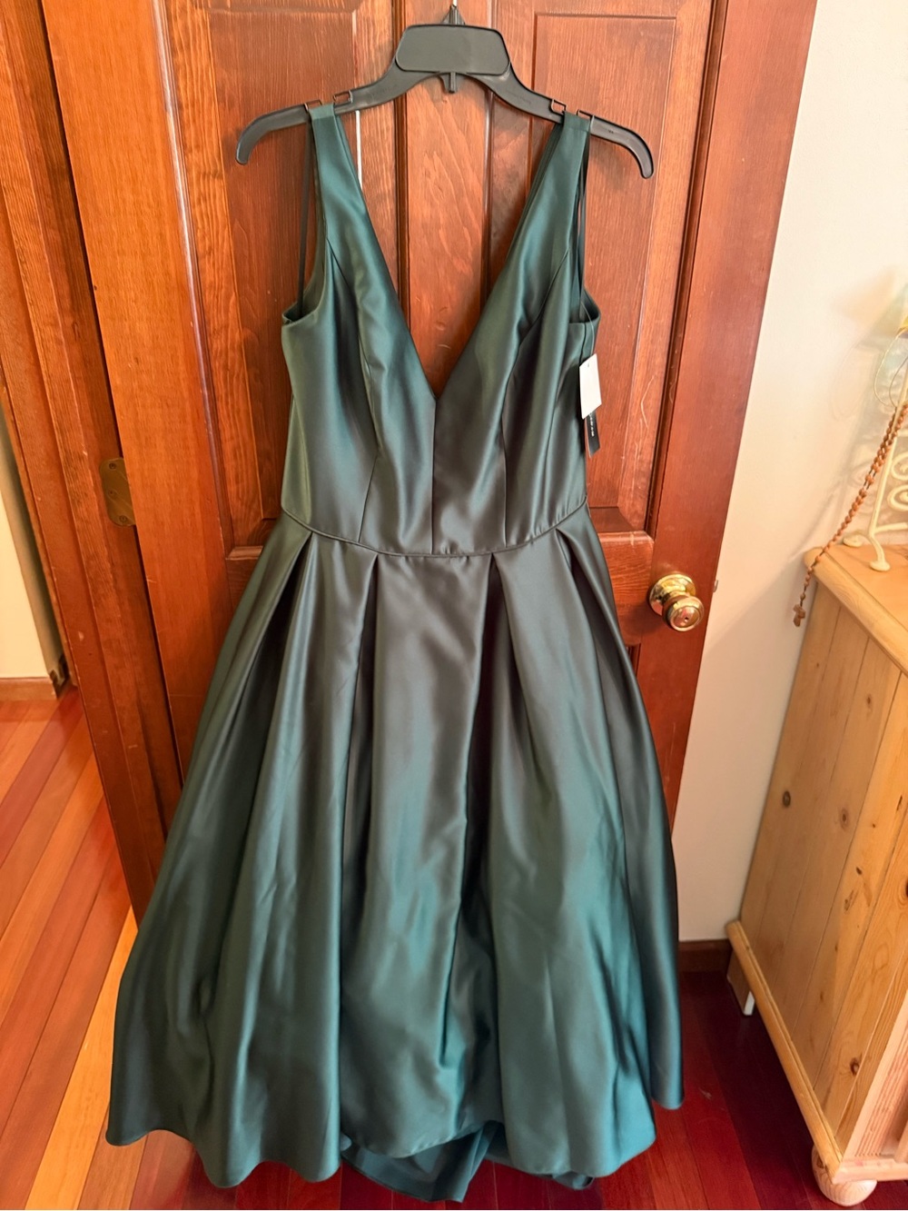 Betsy & Adam Emerald Satin Pleated High Low Ball Gown